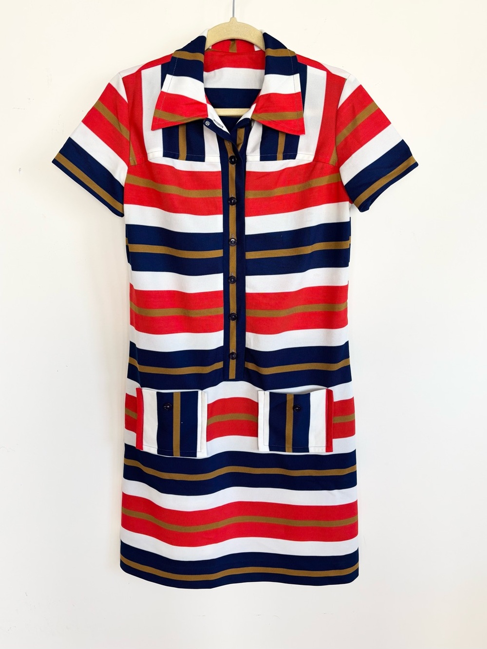 Vintage 70s Mod Drop Waist Button Front Collared Striped Sheath Dress